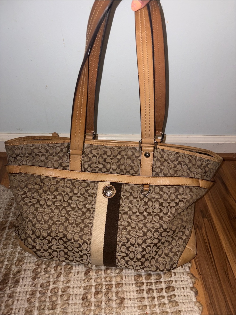 Coach Brown/Khaki Signature Canvas Tote with Tan Trim